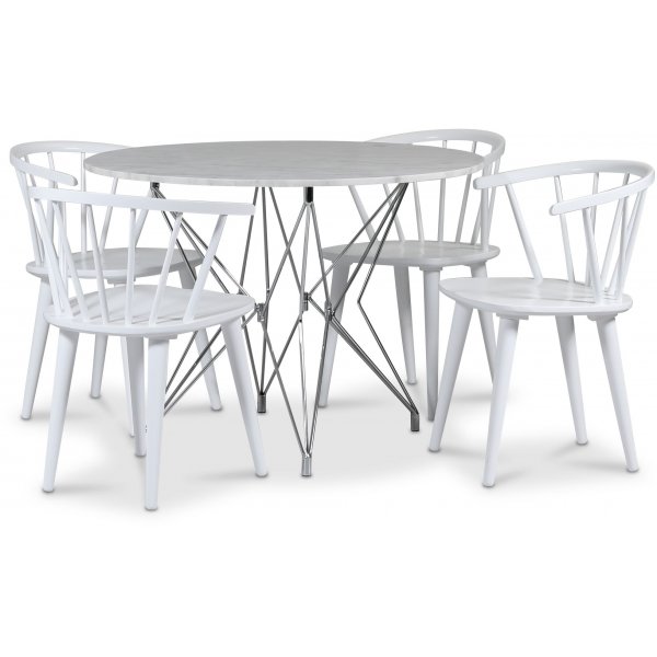Zoo matgrupp 105 cm inkl. 4 st Dalsland vita pinnstolar - Krom / Ljus Marmor