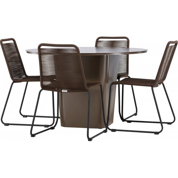 Santa Fe rund matgrupp med 4 st Lindos stolar - Brun/svart + 4.00 x Stolsdyna