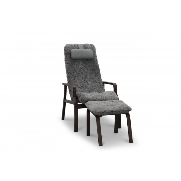Reclinerfåtöljåtölj med fotpall i äkta fårskinn rökig ek/grå - Frank