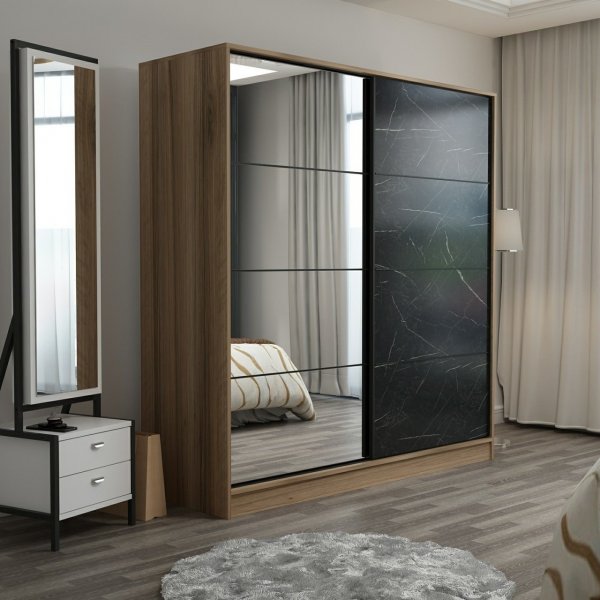Armoire Kapusta avec porte miroir, 180 cm - Marron/noir Armoire Kapusta avec porte miroir, 180 cm - Marron/noir