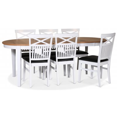 Fårö matgrupp; matbord 160/210x90 cm - Vit / oljad ek med 6 st Fårö stolar med kryss i ryggen, sits i svart PU