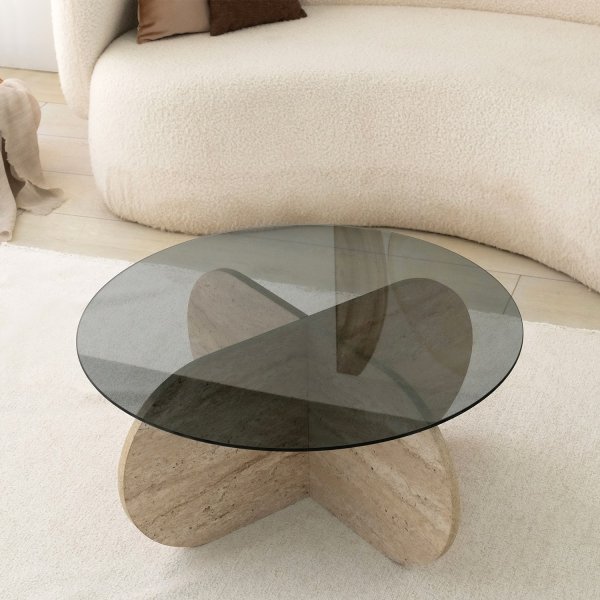 Table basse Bubble Ø75 cm - Travertin/verre fumé Table basse Bubble Ø75 cm - Travertin/verre fumé