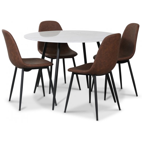 Atlantic matgrupp, 110 cm runt bord + 4 st Empire stolar brun PU