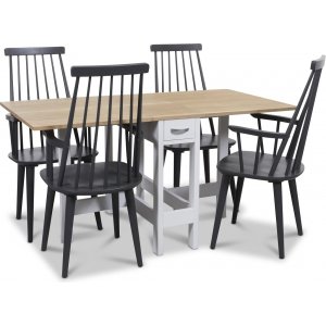 Signum matgrupp Slagbord vit/ek med 4 st gråa Dalsland pinnstolar med armstöd Signum matgrupp Slagbord vit/ek med 4 st gråa Dalsland pinnstolar med armstöd