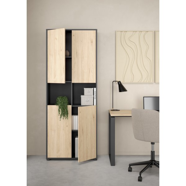 Bibliothèque haute Sign à 4 portes - Gris mat/hickory Bibliothèque haute Sign à 4 portes - Gris mat/hickory