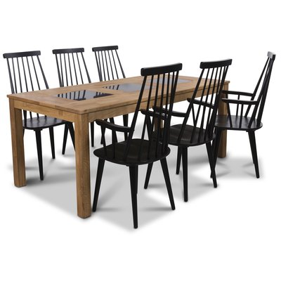 Jasmine matgrupp med bord och 6 st svarta Dalsland med stolar med armstd - Oljad ek / Granit