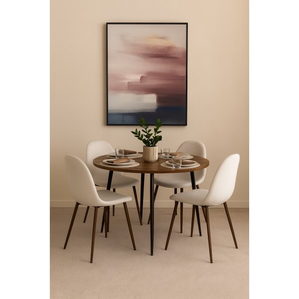 Dana matbord 105 cm i valnt med 4st Alfred matstol i beige sammet och valnt ben