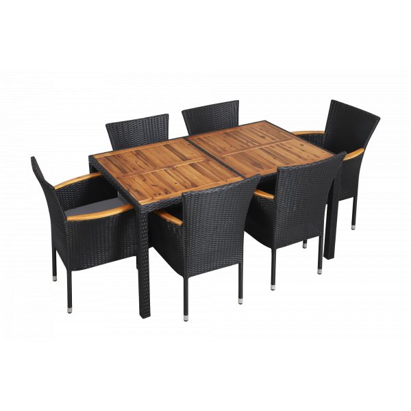 Texas utegrupp bord 150 cm inkl 6 stolar - Svart/akacia + Träolja för möbler Texas utegrupp bord 150 cm inkl 6 stolar - Svart/akacia + Träolja för möbler