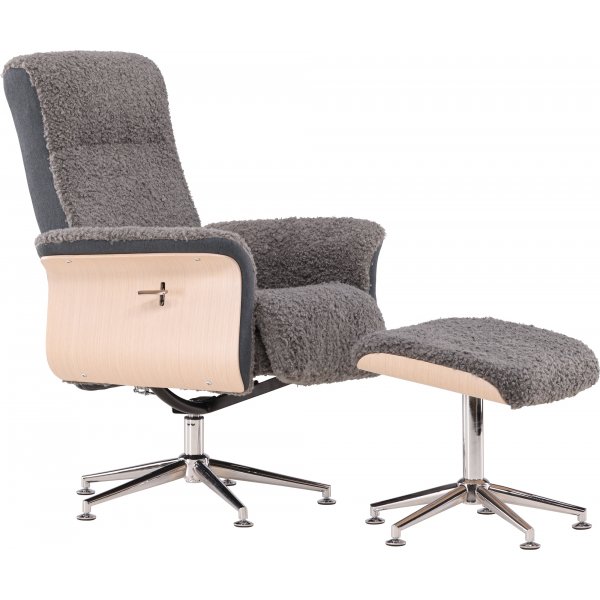 Reclinerftlj med fotpall - Gr frskinnsimitation/whitewash ek