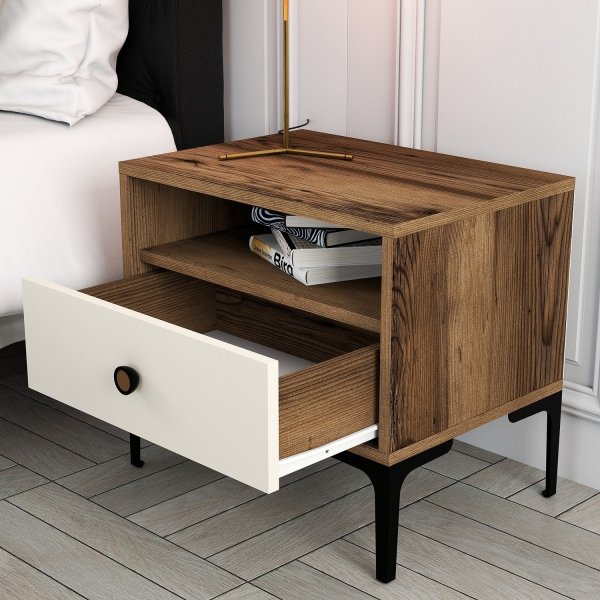 Lisbon nachtkastje - Walnoot/roomwit