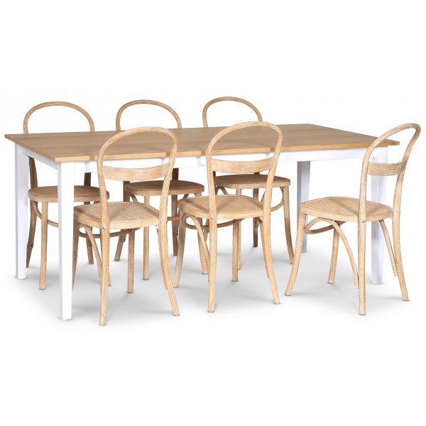 Fr matgrupp; matbord 180x90 cm - Vit / oljad ek med 6 st Danderyd No.16 stolar Whitewash