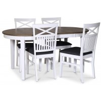 Skagen matgrupp; matbord 160/210x90 cm - Vit / brunoljad ek med 4 st Skagen stolar med kryss, grått tyg Skagen matgrupp; matbord 160/210x90 cm - Vit / brunoljad ek med 4 st Skagen stolar med kryss, grått tyg
