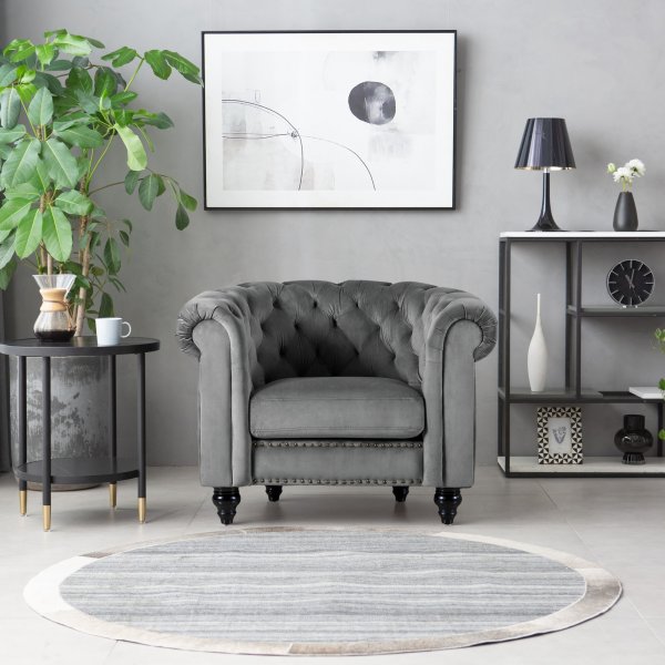 Fåtölj chesterfield grå sammet Royal + Fläckborttagare för möbler Fåtölj chesterfield grå sammet Royal + Fläckborttagare för möbler