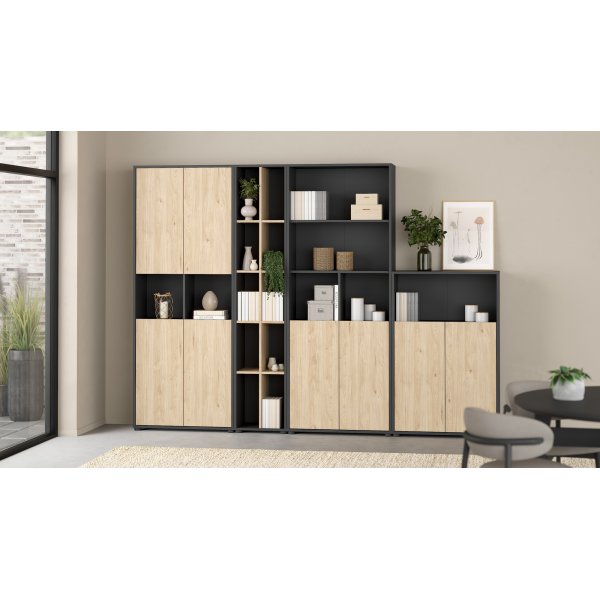 Bibliothque haute Sign avec 2 portes - Gris mat/hickory