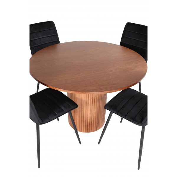 Bianca Matgrupp runt valnt matbord med 4 st Windu Lyx svart stolar