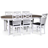 Skagen matgrupp; matbord 160/210x90 cm - Vit / brunoljad ek med 6 st Skagen stolar med kryss i ryggen och grå tygsits Skagen matgrupp; matbord 160/210x90 cm - Vit / brunoljad ek med 6 st Skagen stolar med kryss i ryggen och grå tygsits