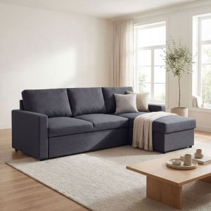 B�ddsoffa 220 cm bred m�rkgr� med f�rvaring + Textilv�rd f�r m�bler