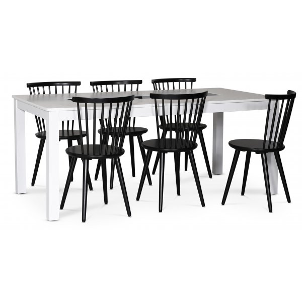 Milla matgrupp; matbord 180x90 cm med 6 st svarta Castor pinnstolar