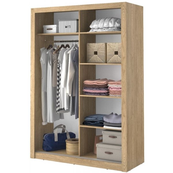 Armoire Mervyn avec portes coulissantes et intérieur, largeur 150 cm - Chêne Shetland Armoire Mervyn avec portes coulissantes et intérieur, largeur 150 cm - Chêne Shetland