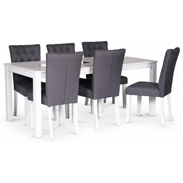 Milla matgrupp; matbord 180x90 cm med 6 st gra Crocket matstolar