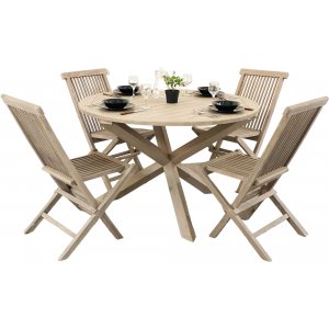Saltö utematgrupp runt Ø120 cm bord med 4 st matstolar - Grå teak + Träolja för möbler Saltö utematgrupp runt Ø120 cm bord med 4 st matstolar - Grå teak + Träolja för möbler