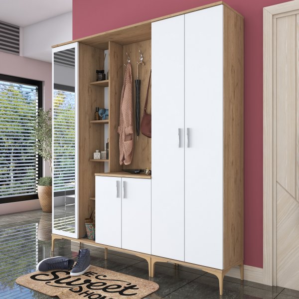 Meuble d\\\'entrée Esa 180 x 37,5 x 198,6 cm Variante A - Noyer/blanc Meuble d\\\'entrée Esa 180 x 37,5 x 198,6 cm Variante A - Noyer/blanc