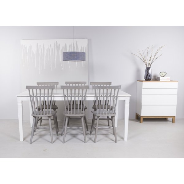 Mellby matgrupp 180 cm bord vit + 6 st gråa pinnstolar Mellby matgrupp 180 cm bord vit + 6 st gråa pinnstolar