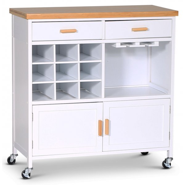 Levend wit keukeneiland met wijnrek en eiken blad + Meubelpoten Levend wit keukeneiland met wijnrek en eiken blad + Meubelpoten