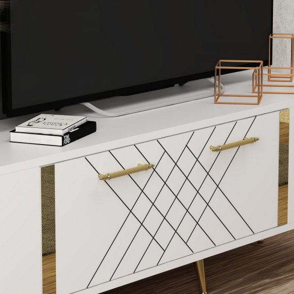 Witte tv-standaard met gouden details - 150 cm Witte tv-standaard met gouden details - 150 cm