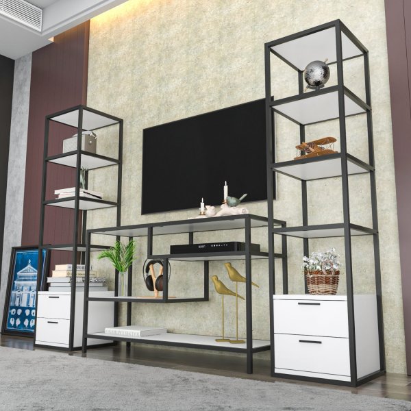 Robbins mediabank met planken - Zwart/wit Robbins mediabank met planken - Zwart/wit