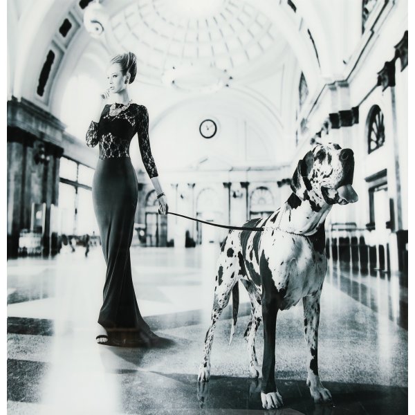 Glastavla - Dam med hund - 120x120 cm