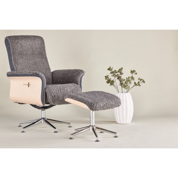 Reclinerfåtölj med fotpall - Grå fårskinnsimitation/whitewash ek + Fläckborttagare för möbler Reclinerfåtölj med fotpall - Grå fårskinnsimitation/whitewash ek + Fläckborttagare för möbler