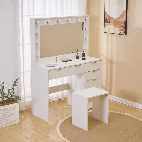 Sminkbord med spegel, sittpall och LED-belysning Sminkbord med spegel, sittpall och LED-belysning