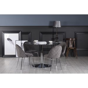 Groupe de salle  manger Plaza, table en marbre avec 4 chaises en velours Plaza - Gris/Chrome
