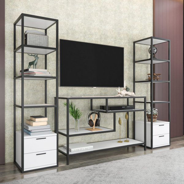Robbins mediabank met planken - Zwart/wit Robbins mediabank met planken - Zwart/wit