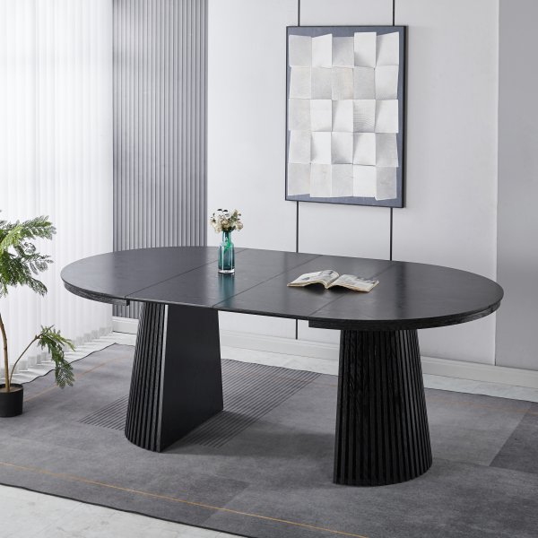 Matgrupp Crossby f�rl�ngbart bord �120-200cm i svartbetsad ek med 8st Callum matstol i beige tyg