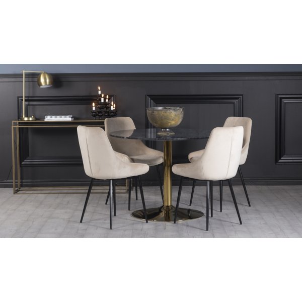 Plaza matgrupp, marmorbord med 4 st Theo sammetsstolar - Beige/Gr/Mssing