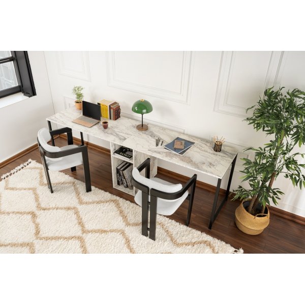 Twin skrivbord - Vit marmor/svart