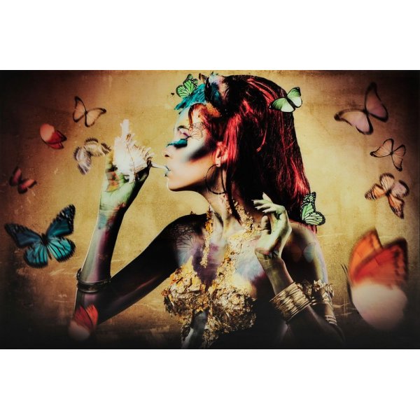 Glastavla - Woman with butterflies, yellow - 120x80 cm