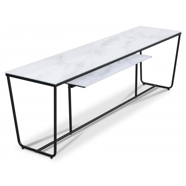 Stella TV-bänk - Vitt marmorerat glas / Matt svart underrede Stella TV-bänk - Vitt marmorerat glas / Matt svart underrede