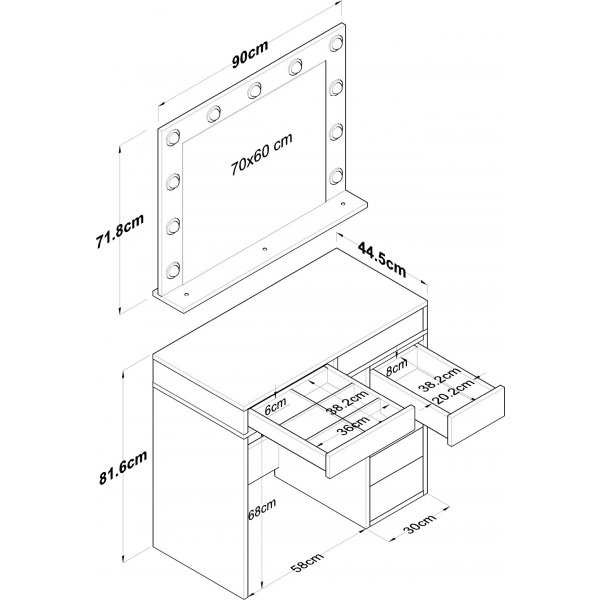 Bijou sminkbord 15 - 90 x 44,5 cm - Vit Bijou sminkbord 15 - 90 x 44,5 cm - Vit