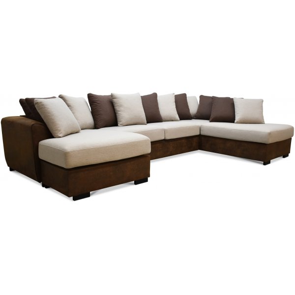 Delux U-soffa med ppet avslut hger - Brun/Beige/Vintage