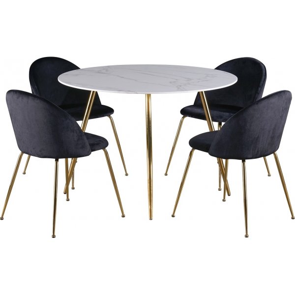 Deco matgrupp 110 cm runt bord + 4 st Art stolar svart sammet / Mssing