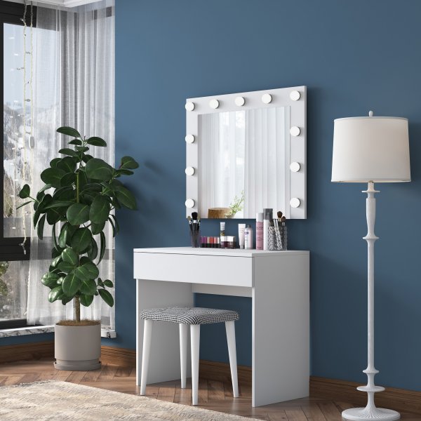 Bijou sminkbord med spegel och pall 21 - 90 x 45 cm - Vit Bijou sminkbord med spegel och pall 21 - 90 x 45 cm - Vit