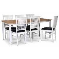 Fårö matgrupp; matbord 180x90 cm - Vit / oljad ek med 6 st Fårö matstolar med ribbor i ryggen, sits i svart PU Fårö matgrupp; matbord 180x90 cm - Vit / oljad ek med 6 st Fårö matstolar med ribbor i ryggen, sits i svart PU