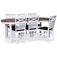 Skagen matgrupp; matbord 160/210x90 cm - Vit / brunoljad ek med 6 st Fårö stolar med kryss i ryggen och svart PU-sits Skagen matgrupp; matbord 160/210x90 cm - Vit / brunoljad ek med 6 st Fårö stolar med kryss i ryggen och svart PU-sits