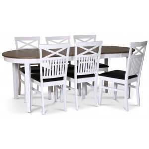 groupe alimentaire Skagen; table  manger 160/210x90 cm - Chne huil blanc / marron avec 6 chaises Fr avec croix sur le dossi