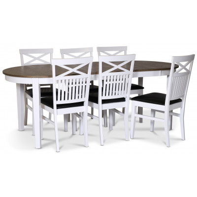 Skagen matgrupp; matbord 160/210x90 cm - Vit / brunoljad ek med 6 st Fårö stolar med kryss i ryggen och svart PU-sits