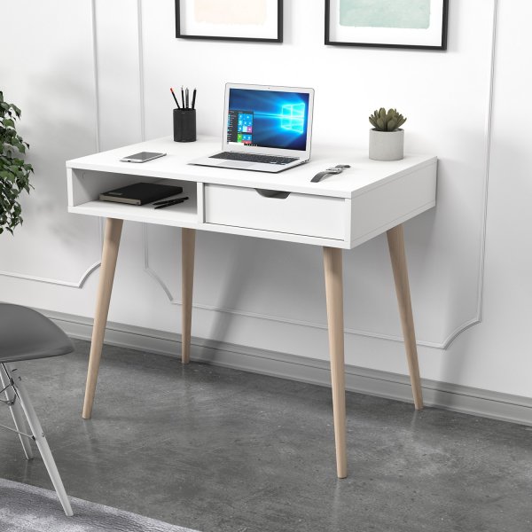 Oferta skrivbord 90 x 60 cm - Vit/trä Oferta skrivbord 90 x 60 cm - Vit/trä