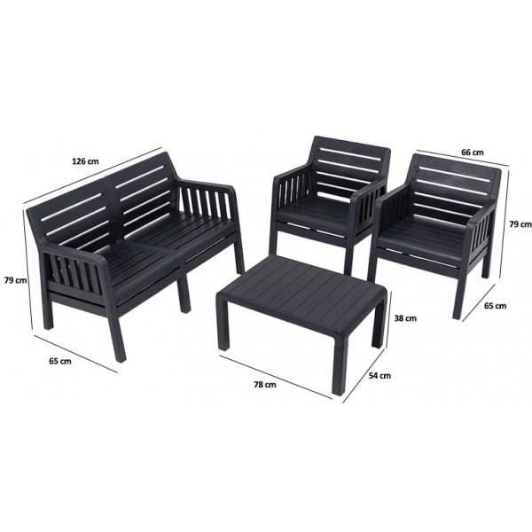 Groupe salon Lara avec canapé 2 places, 2 fauteuils et table sans coussins - Anthracite Groupe salon Lara avec canapé 2 places, 2 fauteuils et table sans coussins - Anthracite